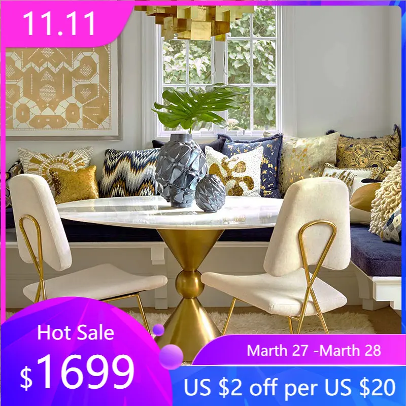 

Modern minimalist round dining table luxury marble countertop metal feet golden stainless steel dining table