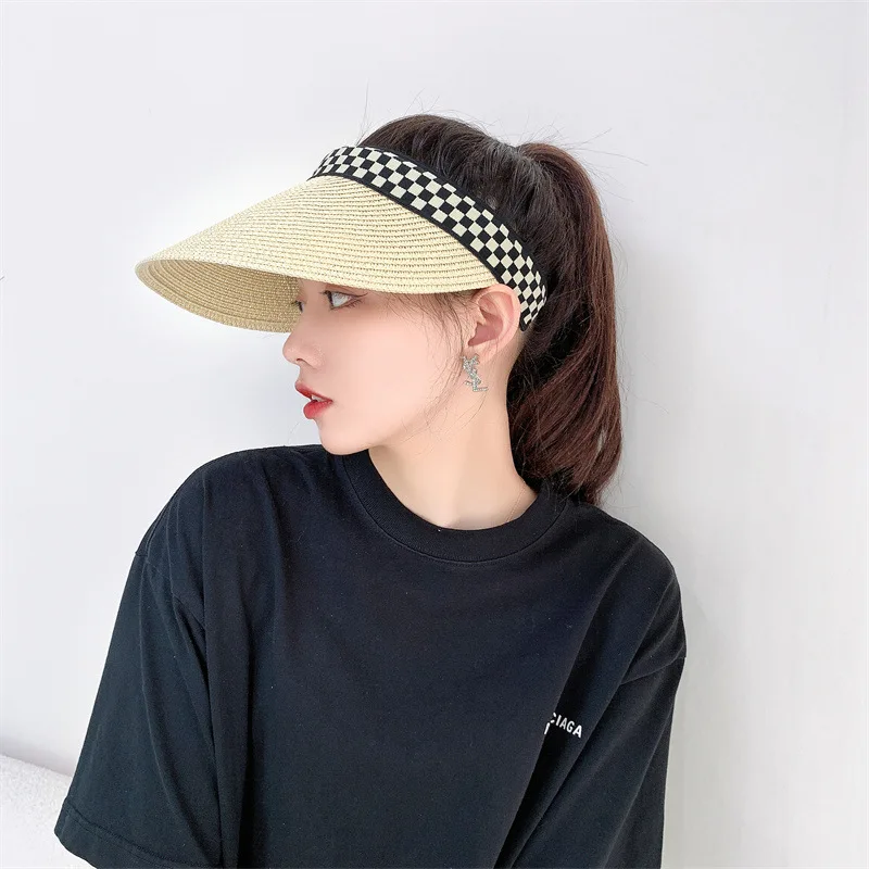 Женская Шахматная соломенная шляпа черно-белая пляжная от солнца с шахматным