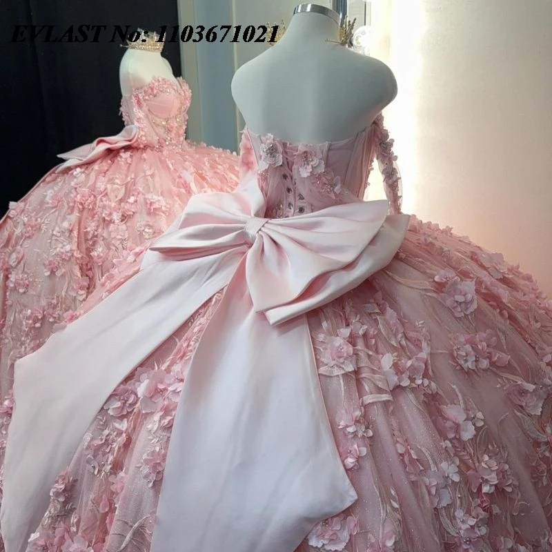 EVLAST Мексиканское розовое платье Quinceanera бальное с 3D цветочной аппликацией и