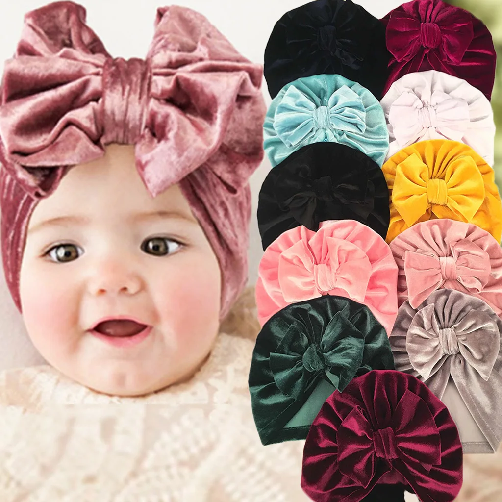 Шапка-шарф бархатная однотонная для новорожденных милая шапка с бантом