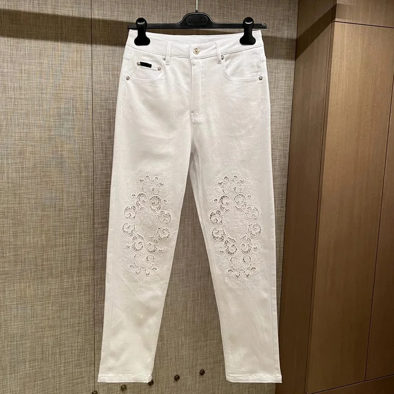 

High Quality Women's Jeans Fashion Runway Heavy Embroidery Cutout Jeans Summer New Provide Label