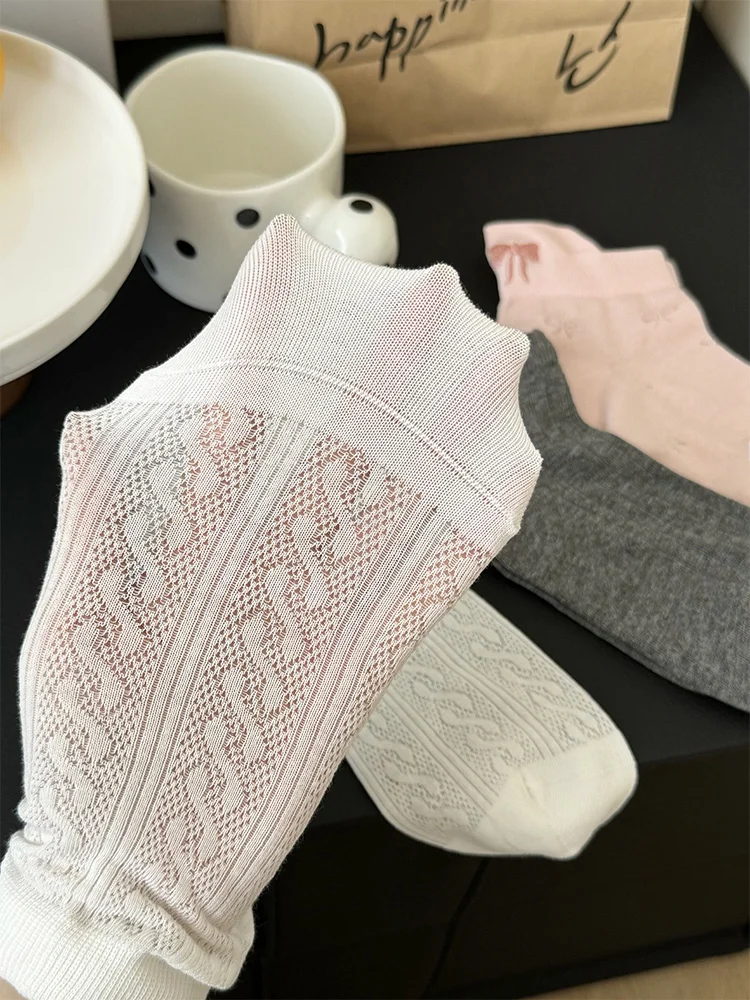 Носки женские с бантом милые модные белые тонкие сетчатые короткие носки из