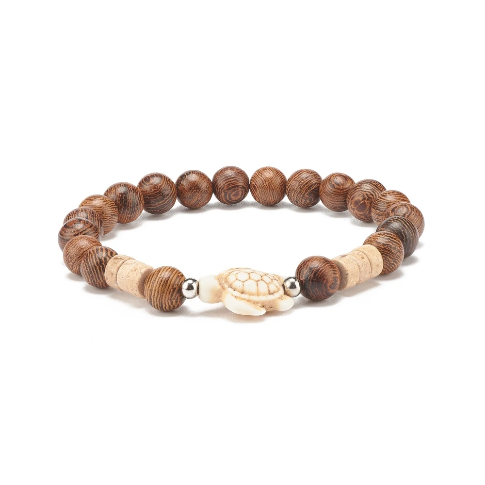

25Pcs Natural Wenge Wood Beads Bracelets Women Turtle Synthetic Turquoise Stone Beads & Fossil Beads Stretch Bracelet Jewelry