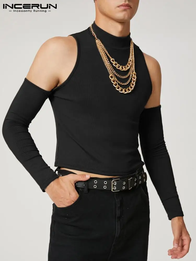 

Модная мужская футболка INCERUN с высоким воротником, длинным рукавом и открытыми плечами, уличная одежда, однотонные футболки, повседневные п...