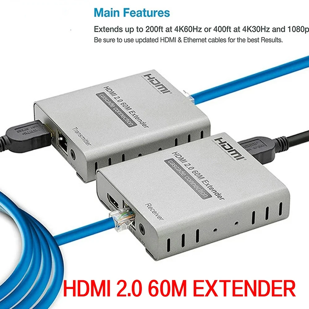 

HDMI 2,0 4K 60 Гц 60 м HDMI удлинитель 1080P 120 м по RJ45 Ethernet Lan CAT5e Cat6 каскадное соединение удлинитель ПК DVD к телевизору HDMI USB KVM Extender 60m By CAT5E Cat6 RJ45 Ethernet Cable Transmitter Receiver Au