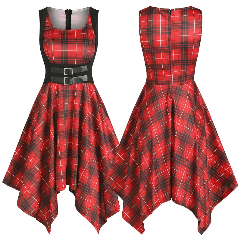 

Women's Plaid Sleeveless Irregular Hem Casual Shirt Dress Belt Party Tunic Tops A Line Loose Swing Shirt Dress
