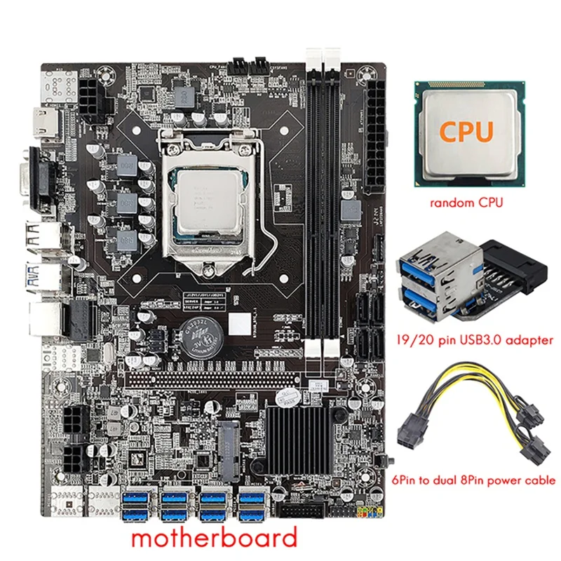 AU42 -B75 8 GPU ETH Mining Motherboard+CPU+Power Line+USB3.0 Adapter 8X USB3.0 To PCIE Slot LGA1155 DDR3 RAM SATA3.0 BTC Miner