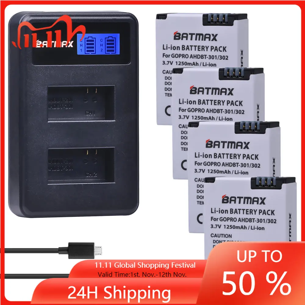 

4 шт., аккумулятор 1250 мАч + двойное зарядное устройство USB LCD для аккумулятора Gopro 3, GoPro HERO3 +, HERO3 и GoPro