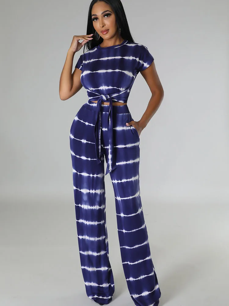 

Znaiml Tie Dye Striped Lace-up Crop Top and Wide Leg Pants Two Piece Matching Set for Women Clothing Summer Party Club Outfits