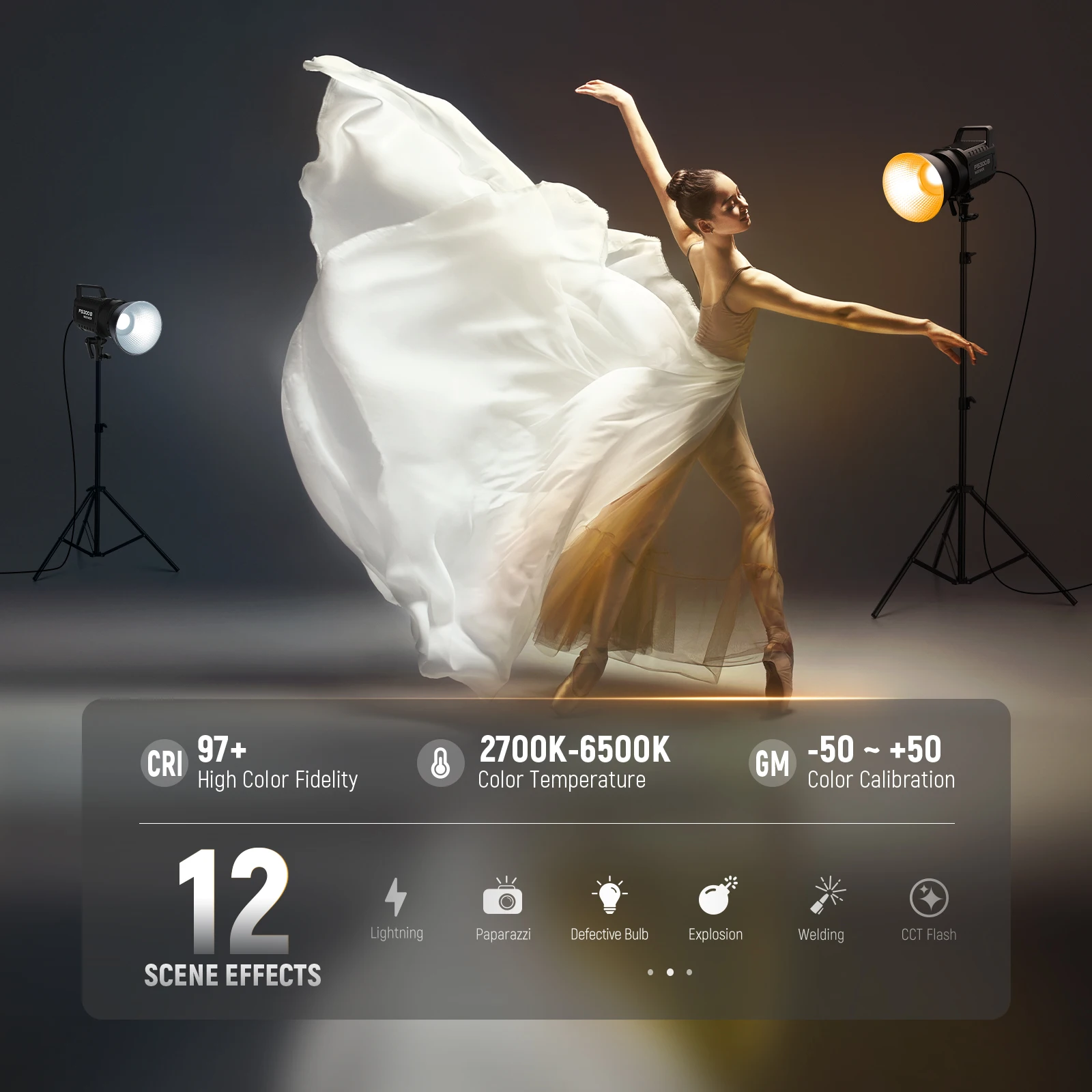 Фото NEEWER FS300B Светодиодный студийный видеосвет мощностью 300 Вт, двухцветное непрерывное освещение COB с управлением 2,4G/APP 44500 люкс/1 м 2700–6500 К №5