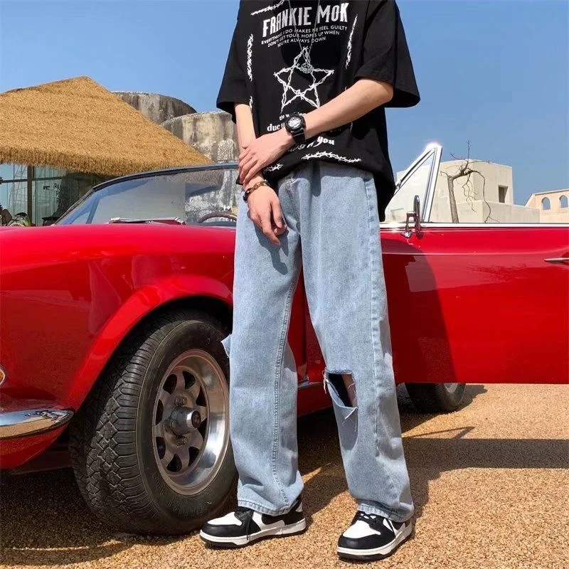 Summer Ripped Blue Jeans Men Fashion Casual Straight Baggy Jeans Men Streetwear Loose Hip Hop Hole Denim Pants Mens S-5XL