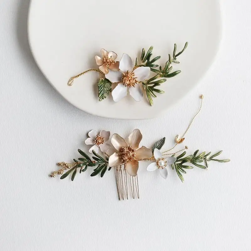 

New design Korea handmade retro enamel flower hair comb wedding headwear leaf earring headpieces hair accessories for women