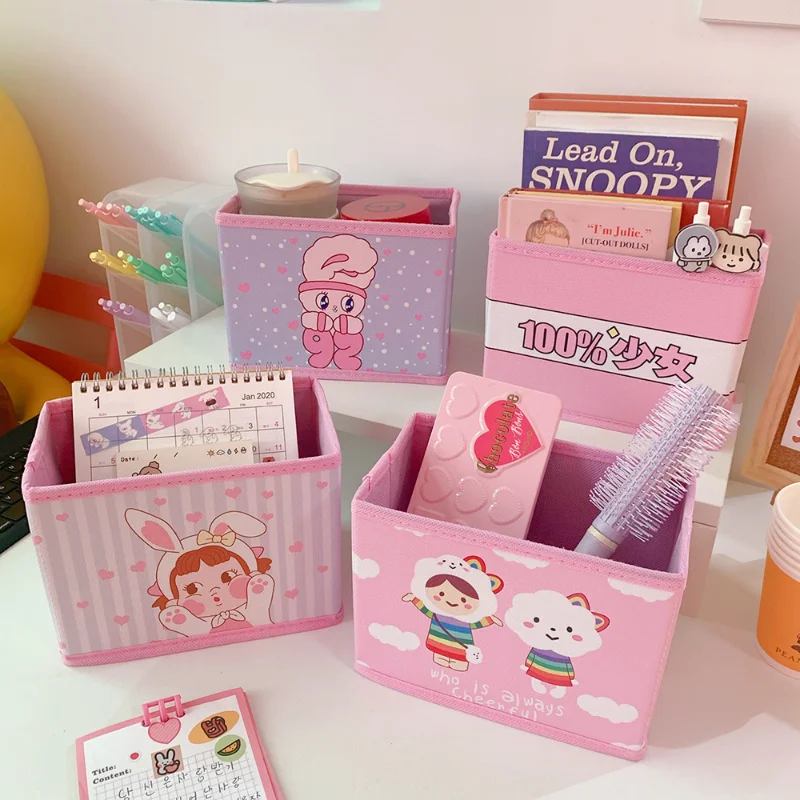 

Korea Beautiful Girl Desktop Storage Box Non-woven Pu Girl Heart Desktop Cartoon Finishing Jewelry Box Storage Baskets