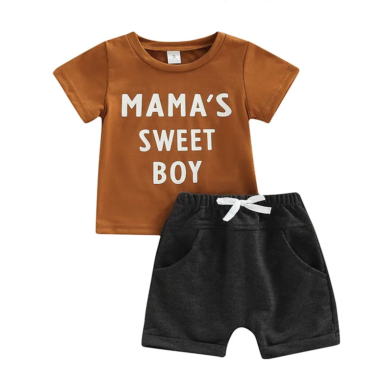 

2Pcs Boys Outfit Summer Clothes Toddlers Letter Printing Round Collar Short Sleeve Tops Elastic Waist Shorts Baby's Set