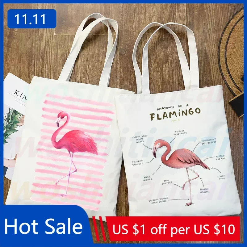 

Flamingo Print Canvas Shoulder Tote Bag for Women Handbags Eco Reusable Shopping Bag Vintage Fashion Ulzzang Bags
