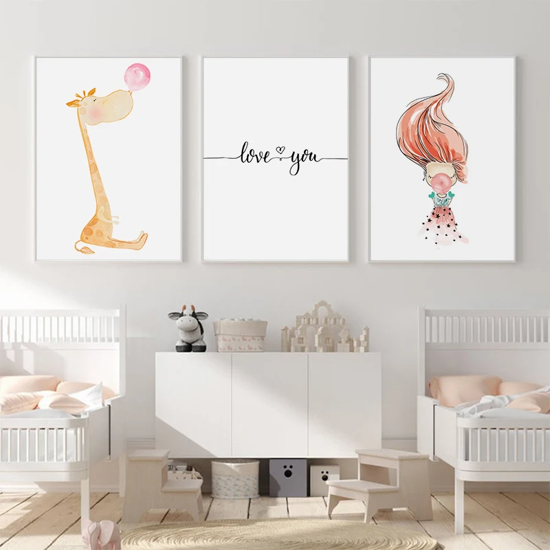 

Pink Balloon Girl Giraffe Poster Animal Print Nursery Wall Art Canvas Painting Child Quotes Picture Nordic Kids Baby Room Decor