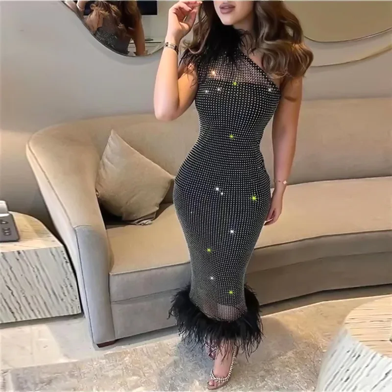 2023 Luxury Mesh Rhinestone Party Dresses Elegant Sleeveless Sexy Clubwear Chic Hollow Out Black Dress with Feathers S3708