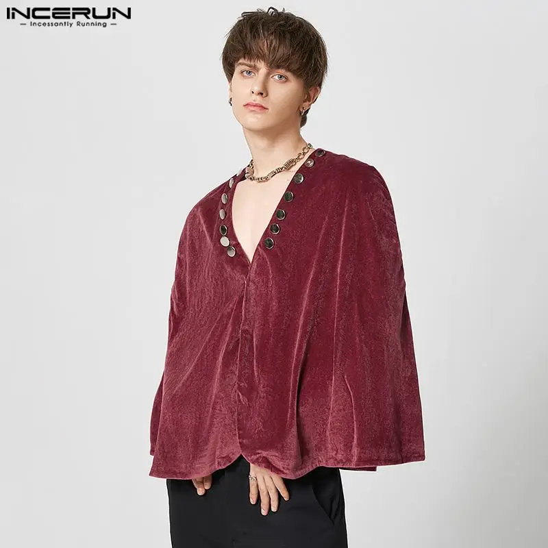 

INCERUN 2023 Men Trench Solid Color V Neck Velour Streetwear Loose Casual Cloak Coats Double Breasted Men Cape Ponchos S-5XL