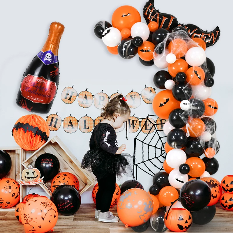 

115pcs Black Orange Halloween Decor Balloon Garland Arch with Spider Web Bat Sticker Halloween Party Festival Horror Decor Globo