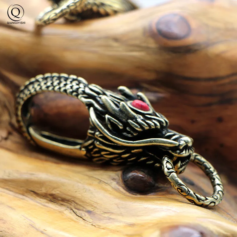 Copper Dragon Head Keychain Antique Craft Key Chains Lobster Clasps Keyring Waist Buckle Brass Metal Vintage Car Key Holder Gift