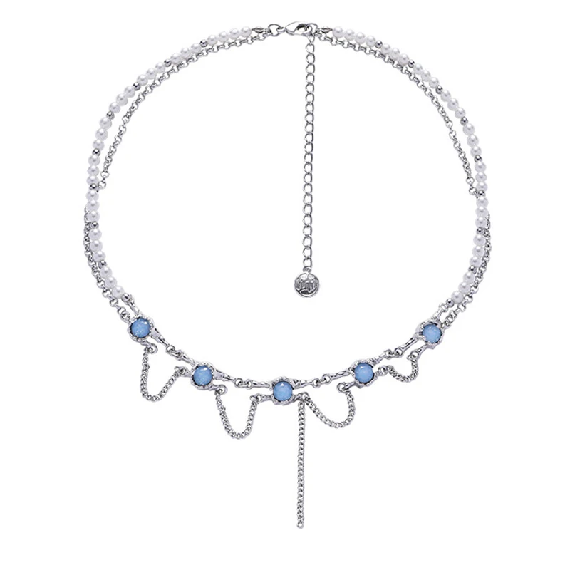 

Eetit High-Grade Imitation Pearls Double Layer Stacking Blue Glass Collarbone Chain Necklace for Women Fashion Collar Jewelry