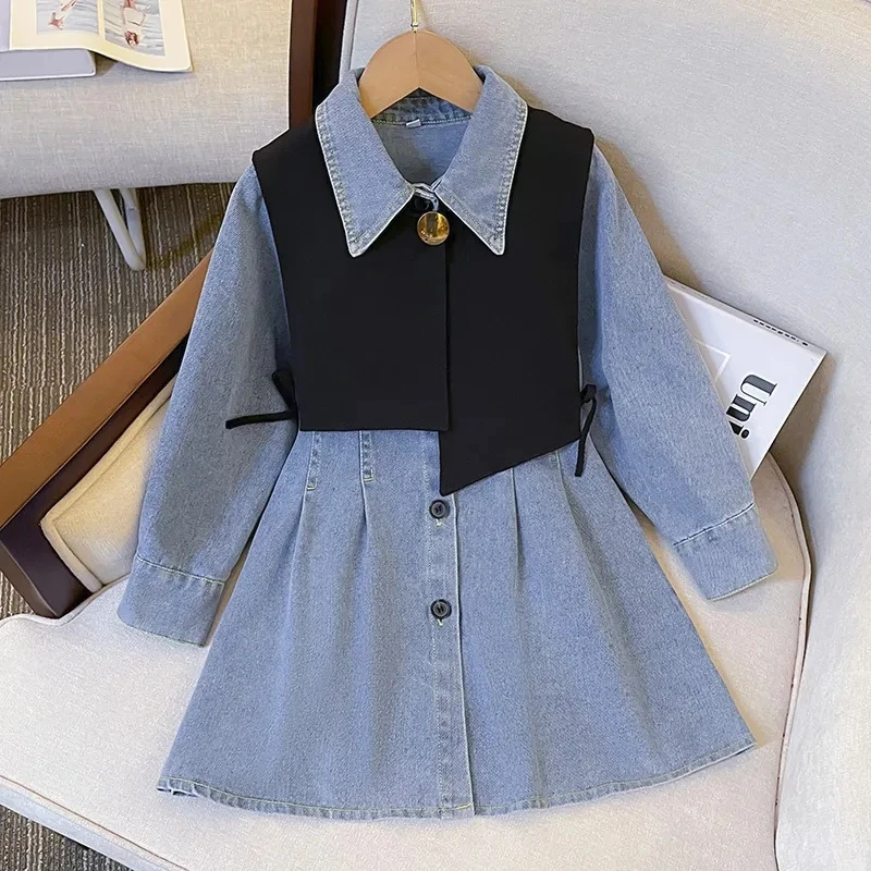 

Spring Girl's Waistcoat Dress Suit Children's Vest Denim Dress Two-piece Set Fashion Single-breasted Long Sleeve Denim Dress
