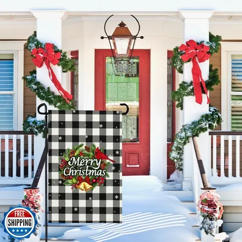 Фото Флаг для сада Cryfox Xmas Garden Flag, 12x18 дюймов, черно-белый, в клетку «Буффало», маленькие флаги для JJE DDI GGX №3
