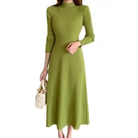 Autumn Mid Length Long Sleeve Women Sweater Dress Bottoming Sheath Office Lady Vintage Dress Green Knitted Dresses for Women