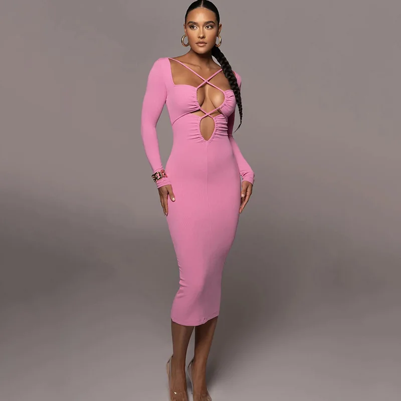 

Sexy O Neck Long Sleeve Cutout Long Bandage Dress Elegant Pink Long Sleeve Hollow Out Bodycon Celebrity Club Party Dresses