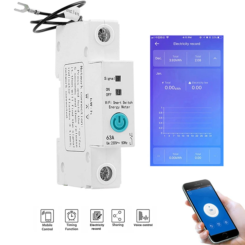 

1P Din Rail WIFI Smart Energy Meter Power Consumption kWh Meter Circuit Breaker Time Timer Switch Relay Voltmeter for Smart Home