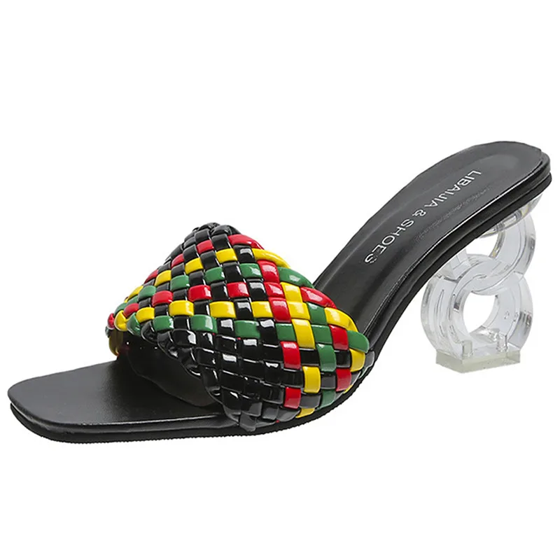 

Шлепанцы женские летние на высоком каблуке, сланцы, с квадратным носком, с плетеным ремешком, тапочки в странном стиле