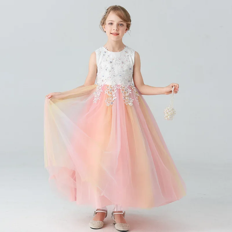 

European and American Style Kids Dresses for Girls Mesh Lace Sleeveless Girls Dresses Summer Girls Party Dresses 4-14 Years