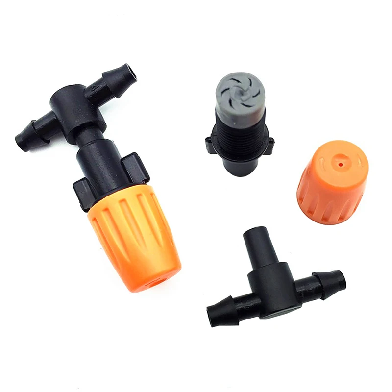 

Orange Atomization Nozzle with tees Connector Greenhouse Watering Sprinkler Cooling for 1/4 Inch Garden Hose 100 Pcs