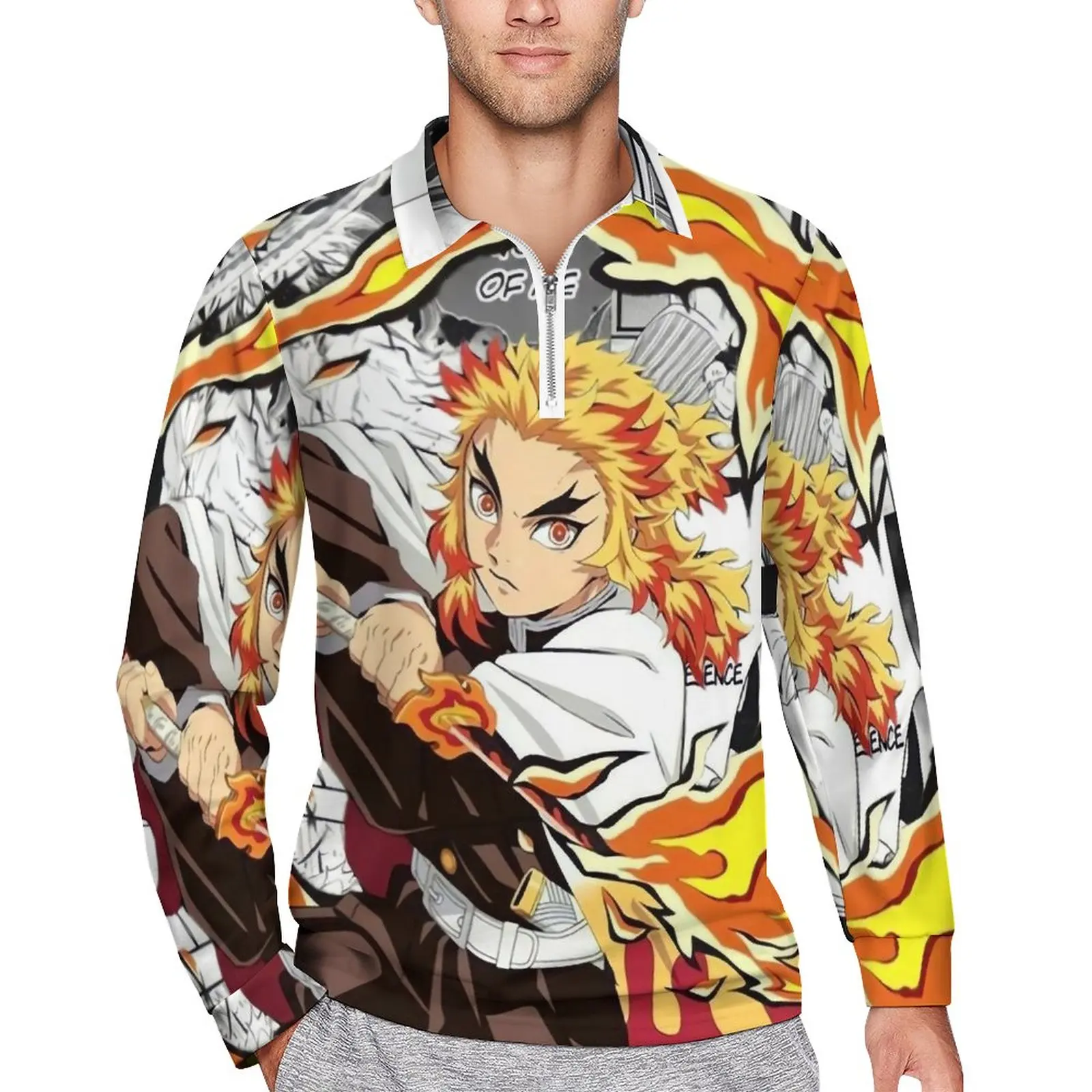 

Demon Slayer Japanese Polo Shirts Mens Rengoku Kyojuro Casual Shirt Autumn Stylish Collar Long Sleeve Graphic Oversized T-Shirts