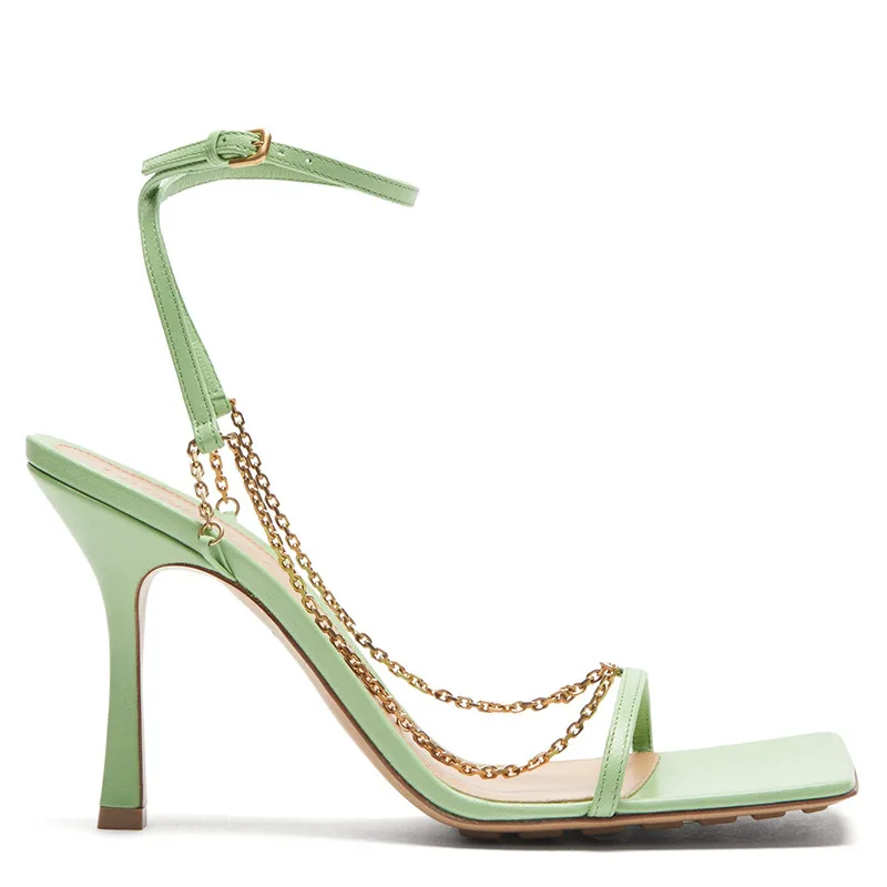 

New Square Toe Women Sandals Fashion Chain Mules Shoes Elegant Slim Heels Dress Sandalias Mujer Summer Ankle Strap Chaussure 43