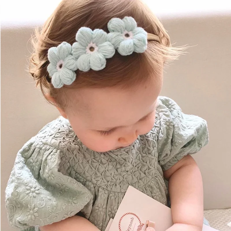 

Baby Headband Nylon Handmade Crochet Flowers Woolen Kid Elastic Hairbands Baby Girls Hair Clips Children Hair Accessories