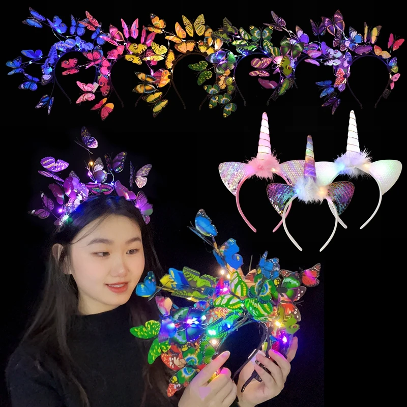 

Butterfly Unicorn Headband Girls LED Glowing Unicorn Hair Band for Wedding Birthday Party Girls Headband Decorations Photo Props