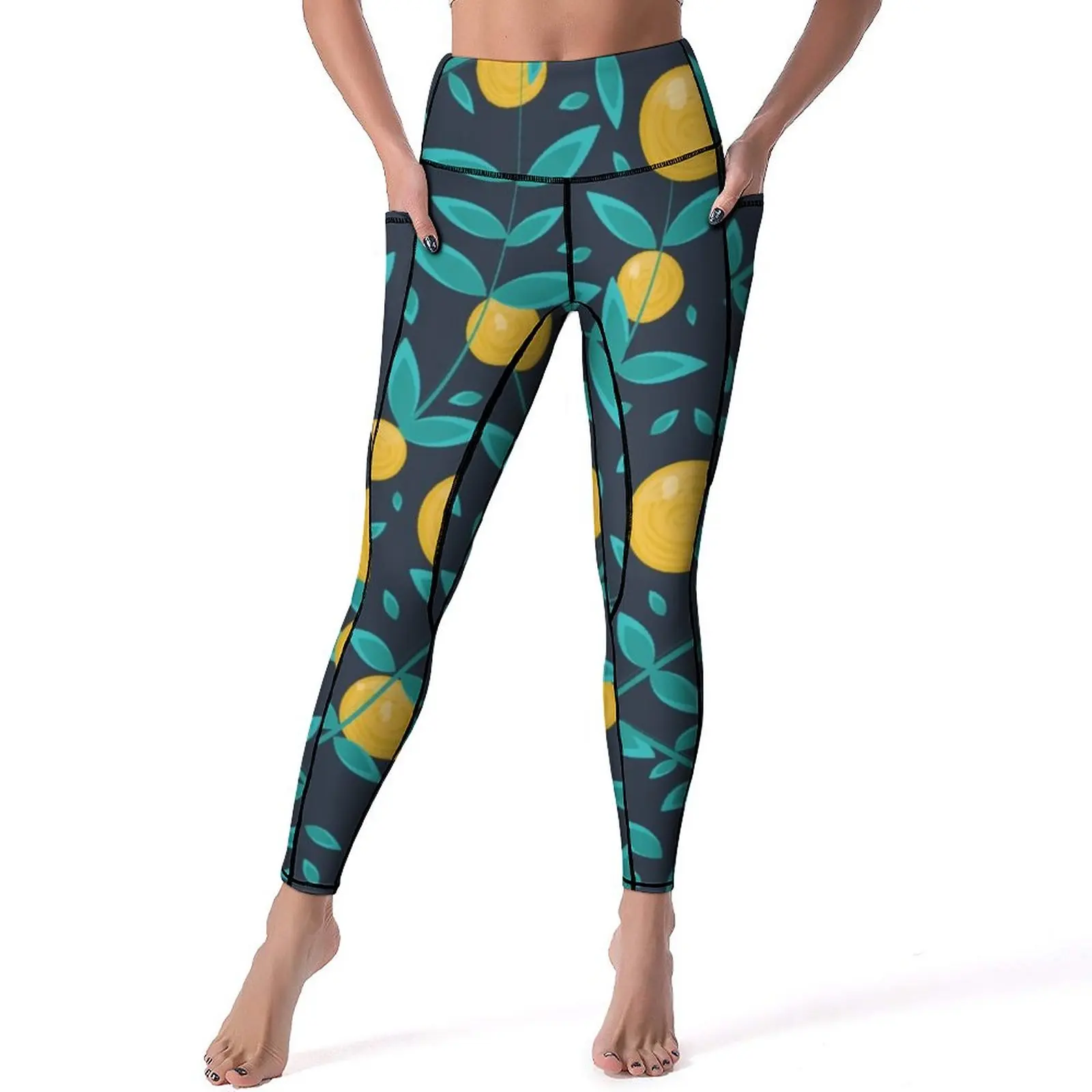 

Леггинсы с изображением апельсинов, Листьев, сексуальные штаны для йоги с высокой талией и винтажным принтом в виде фруктов