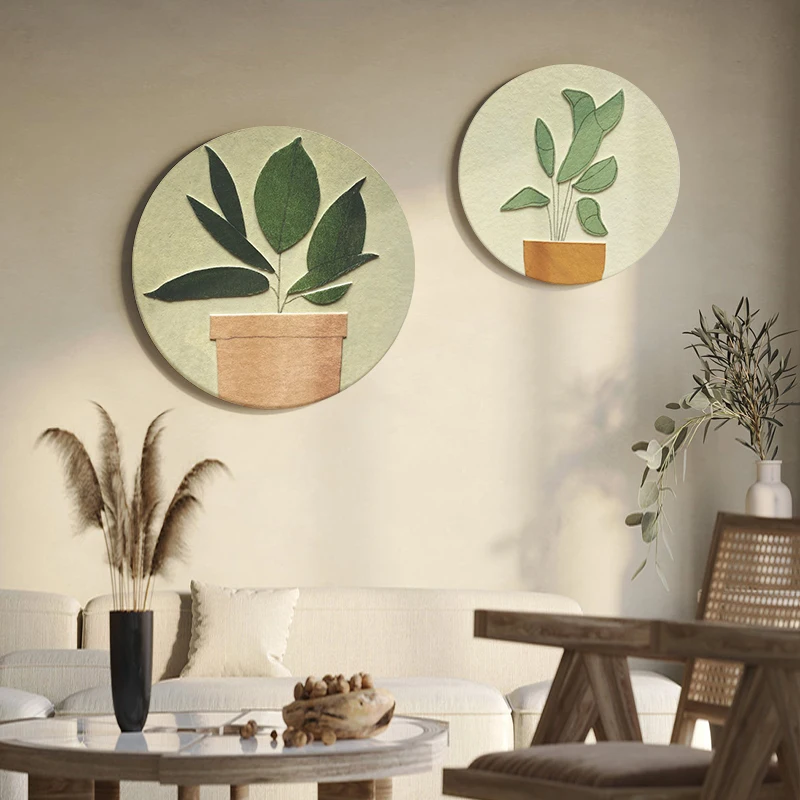 

Green plant entrance decorative painting, circular three-dimensional hand-painted living room hanging painting, bedside mural