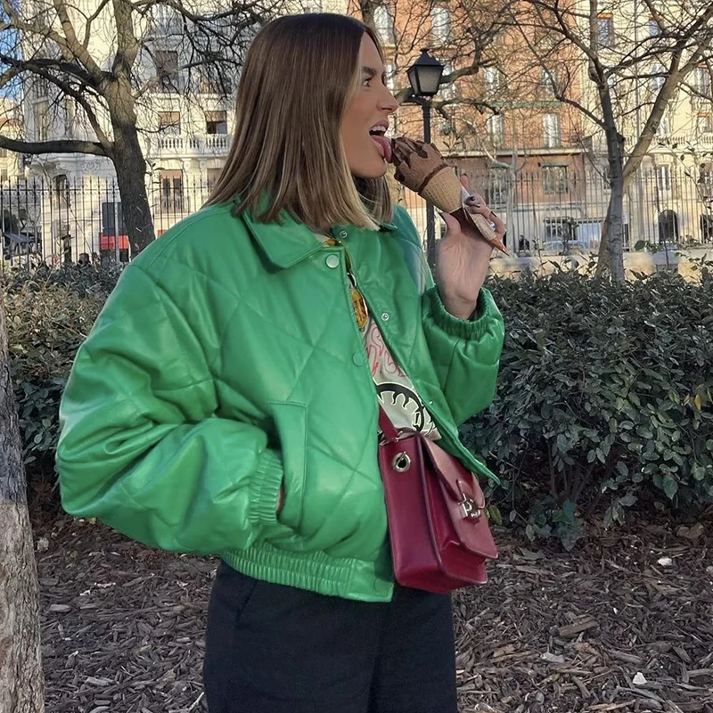 Casual Quilted Button-Up Faux Leather Winter Jacket Women Long Sleeve Top Green Pu Cotton Coat Streetwear New In Outerwears