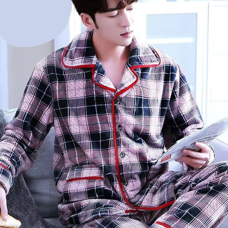 

Men's Pjs Set Thick Casual Sleepwear Man Pajama Full Sleeve Shirt Pant Warm Flannel Winter Homewear Big Size Fashion Pajamas