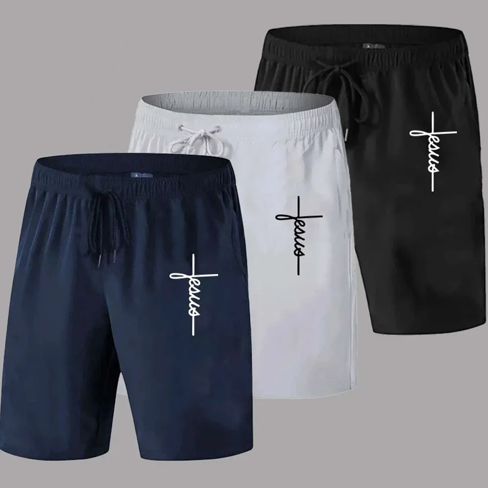 

Men's Jesus Cross Print Designer Boardshorts Male Summer Breathable Casual Short Pants Comfortable Fitness Bodybuilding Trousers