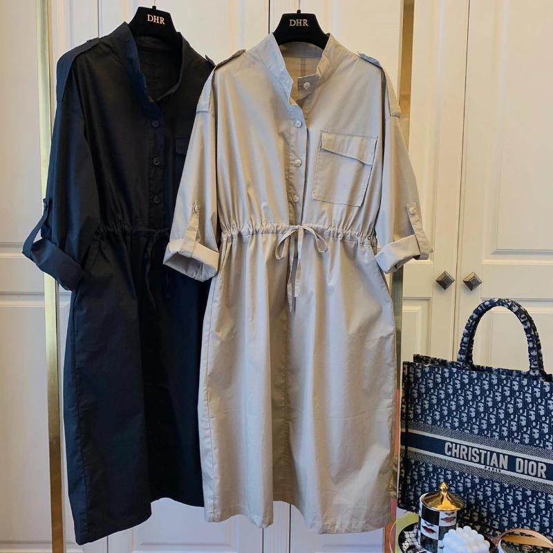 

Pure Cotton Stand Collar Large Size Loose Casual Temperament Fashion Mid-length Trench Coat Spring and Autumn Women's Clothing