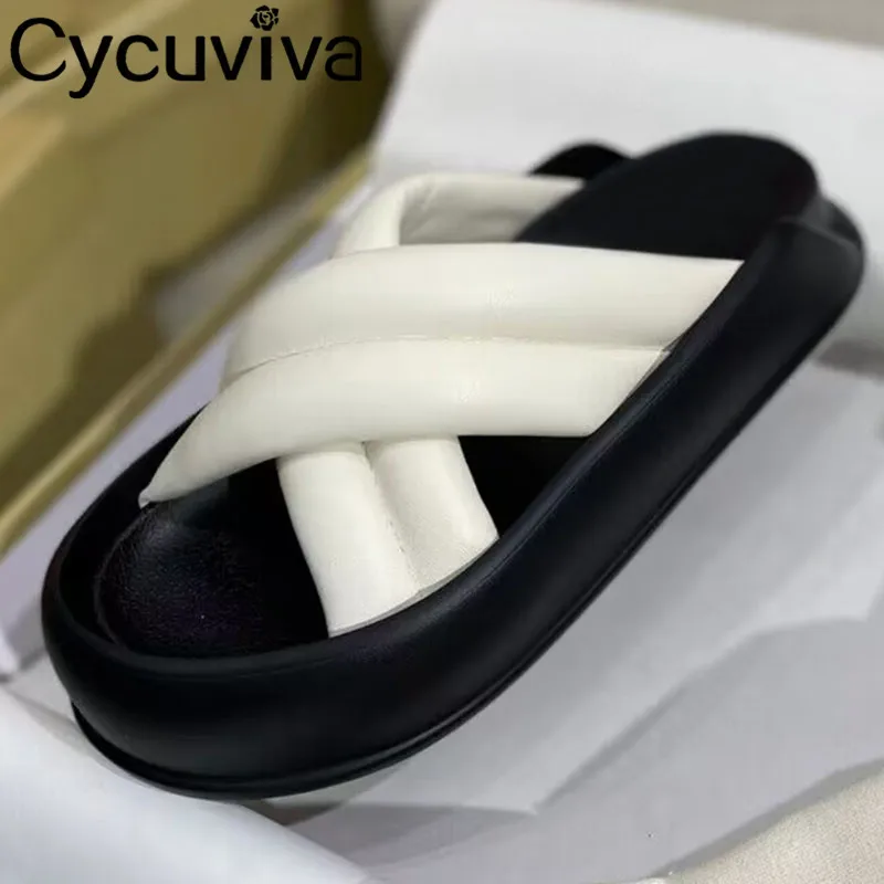 

Thick Bottom Casual Platform Slippers Women Open Toe Cross White Leather Mules Flats Shoes Summer Holiday Beach Shoes For Women