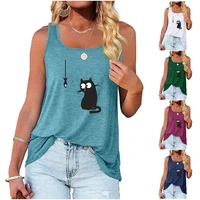 women casual round collar sleeveless shirt summer loose halter top cat print tee shirt ladies fashion tank top