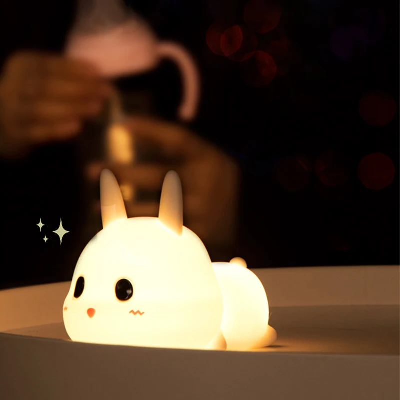 LED Cartoon Night Light Rabbit Silicone Animal USB Rechargeable Dimmable Lamp For Children Kids Baby Gift Bedside Bedroom Light