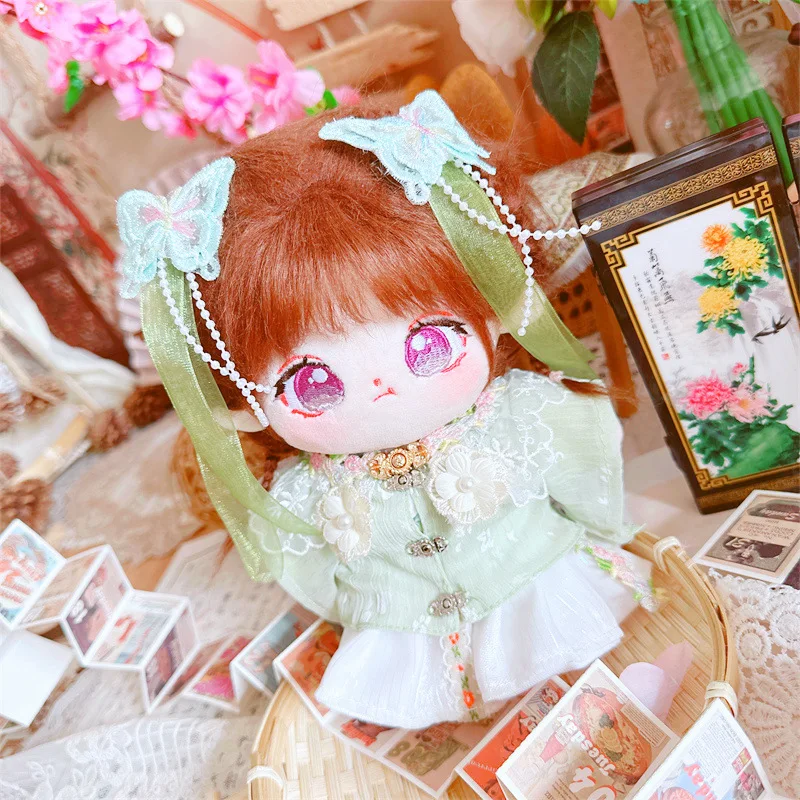 

In Stock 20cm No Attribute Plush Dolls Outfit 6pc/set Chinese Style Green Willow Skirt Set Butterfly HairBand Shoes