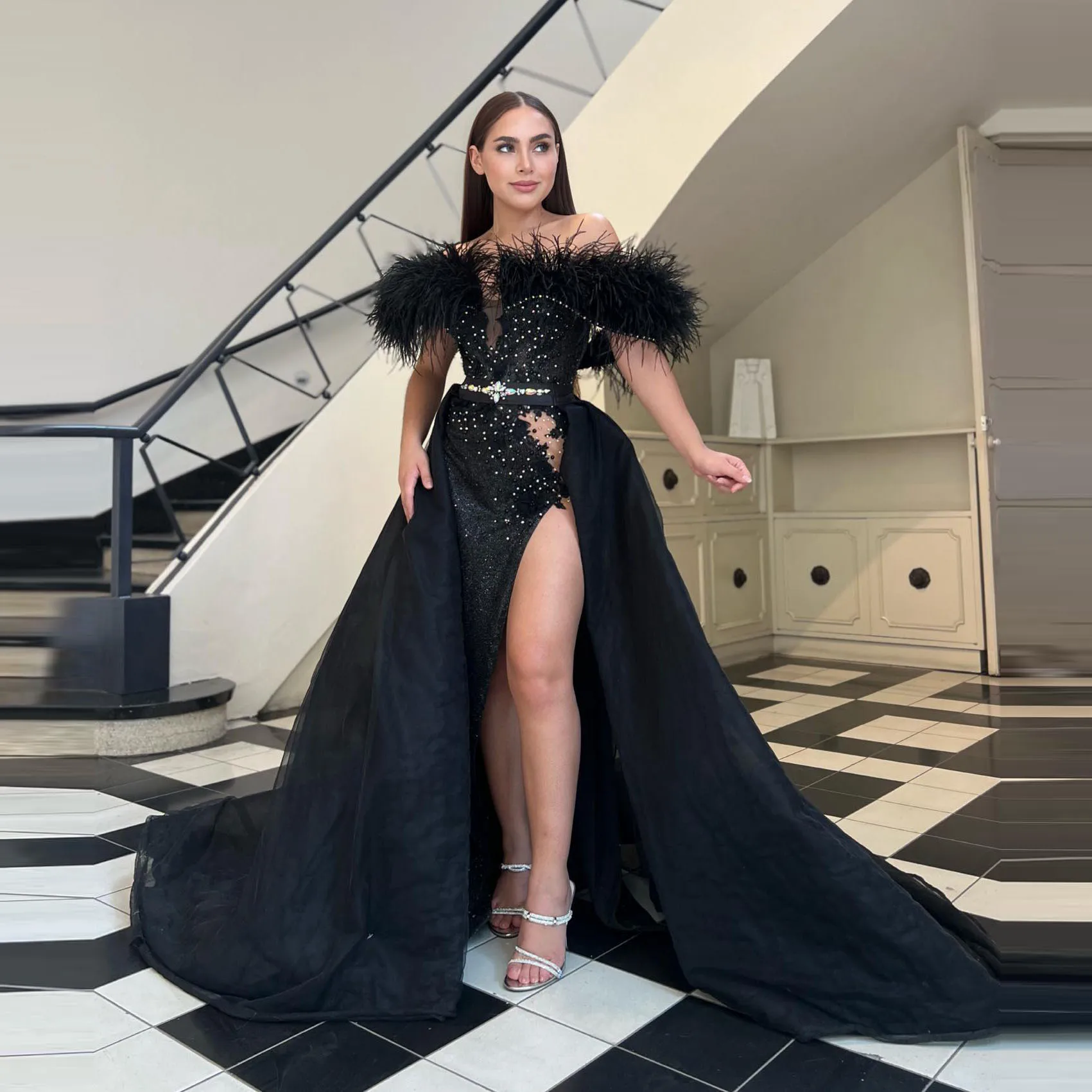 

Newest Black A Line Prom Dresses Off The Shoulder High Side Split Feathers Beadings Crystals Appliques Party Evening Gowns