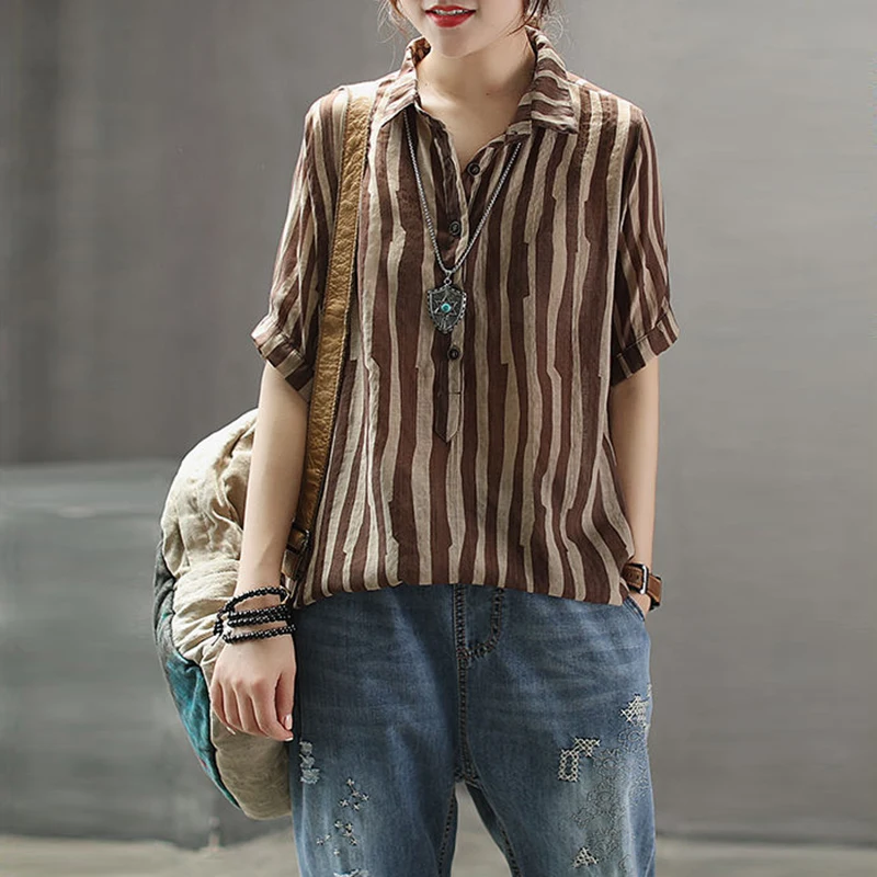 

Linen Shirt Women's Clothing Summer Short-sleeved Light vertical Striped Lapel Shirts Loose Cotton Linen Blouse Tops j119