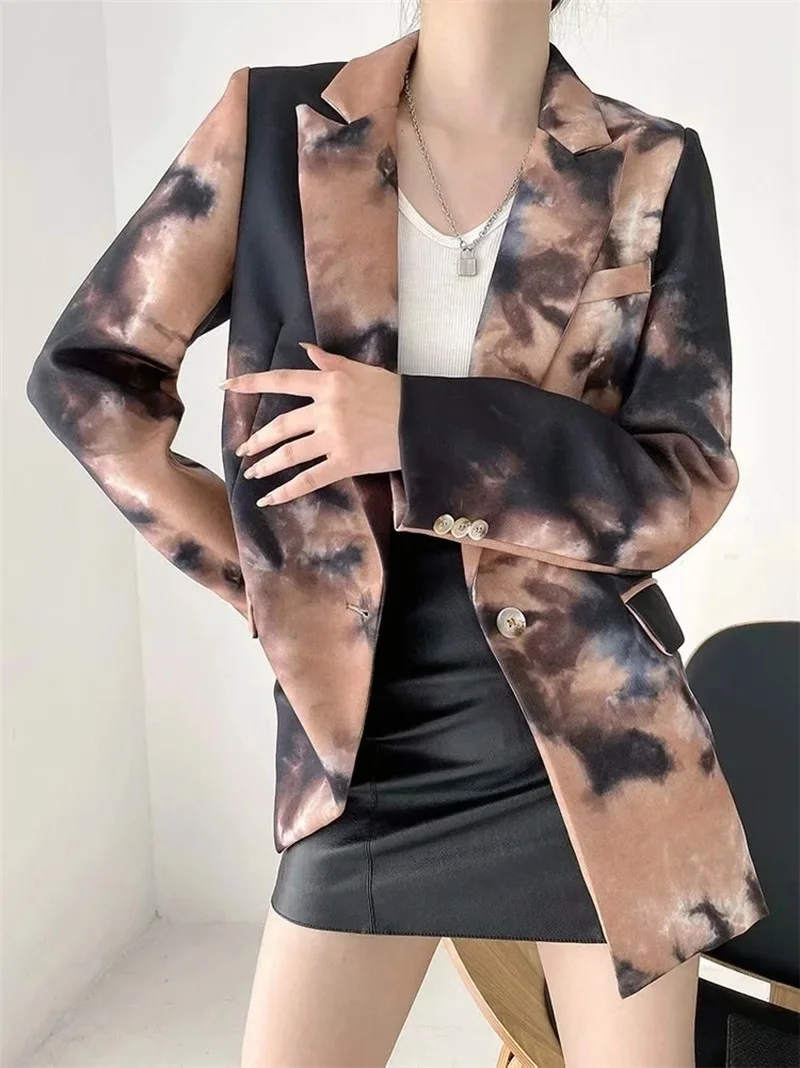 Ink Printed Patchwork Blazer 2021 Women Vintage Single Button Mid-Length Casual Office Blazer Suit New Fashion Streetwear Simple